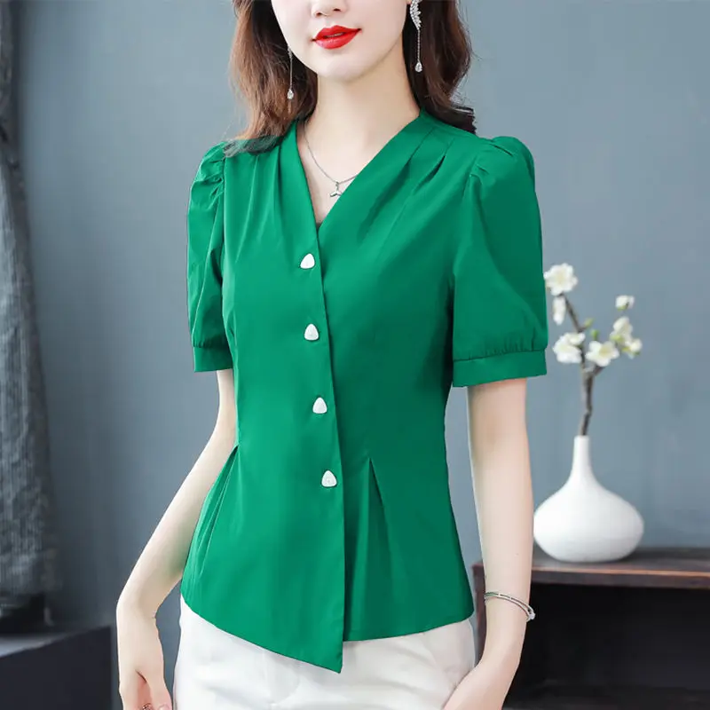 Women\'s Clothing Stylish Pleated Blouse Commute Solid Color Waist Summer Short Sleeve Elegant V-Neck Chic Single-breasted Shirt