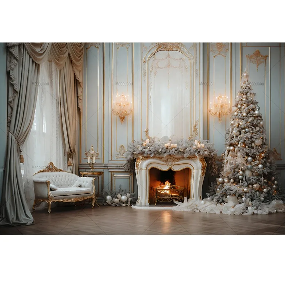 Christmas Photography Background Custom Winter Curtain Fireplace Snow Xmas Tree Family Backdrop Wall Tapestry Party Decor