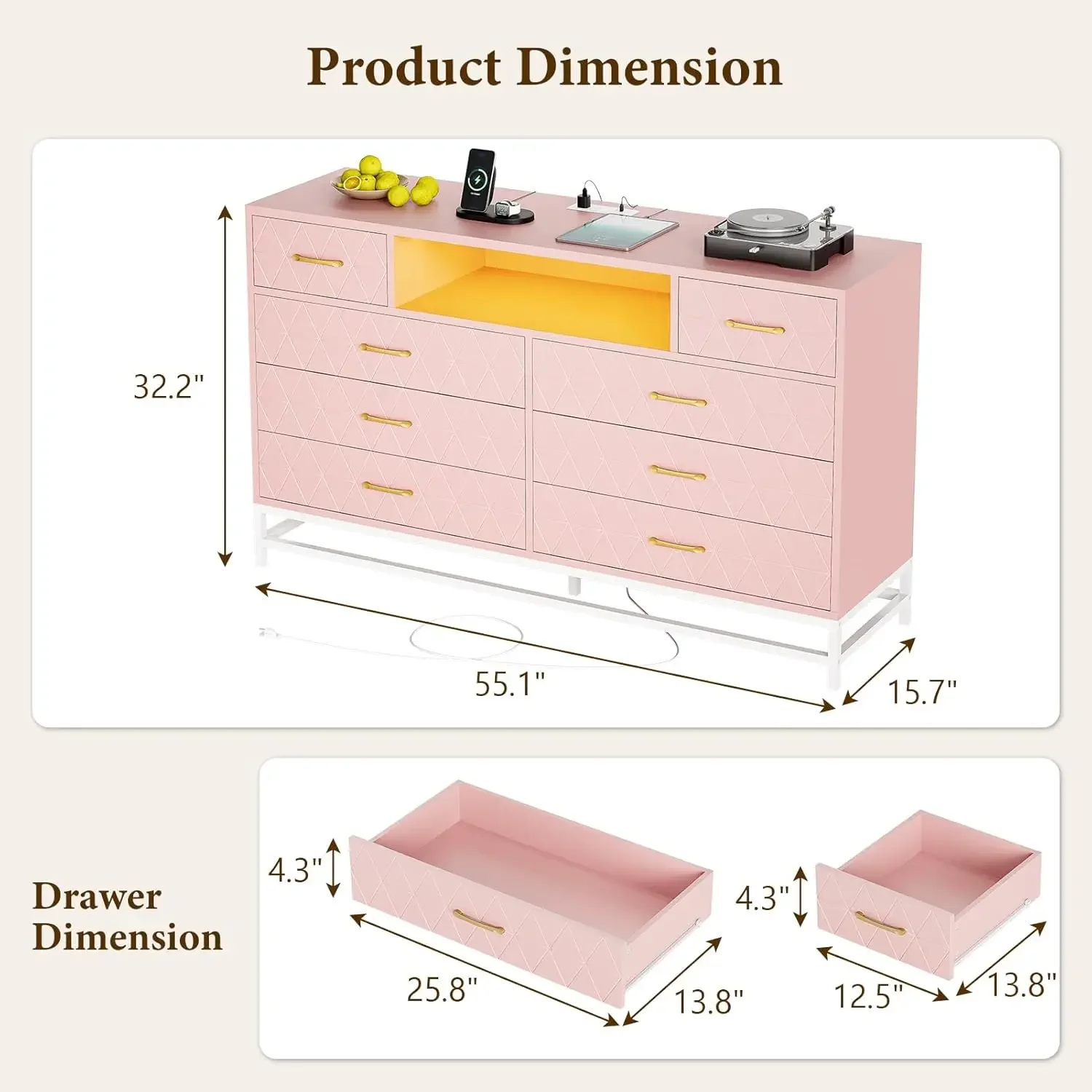 Dresser For Bedroom, 8 Drawer With Power Outlet, 55