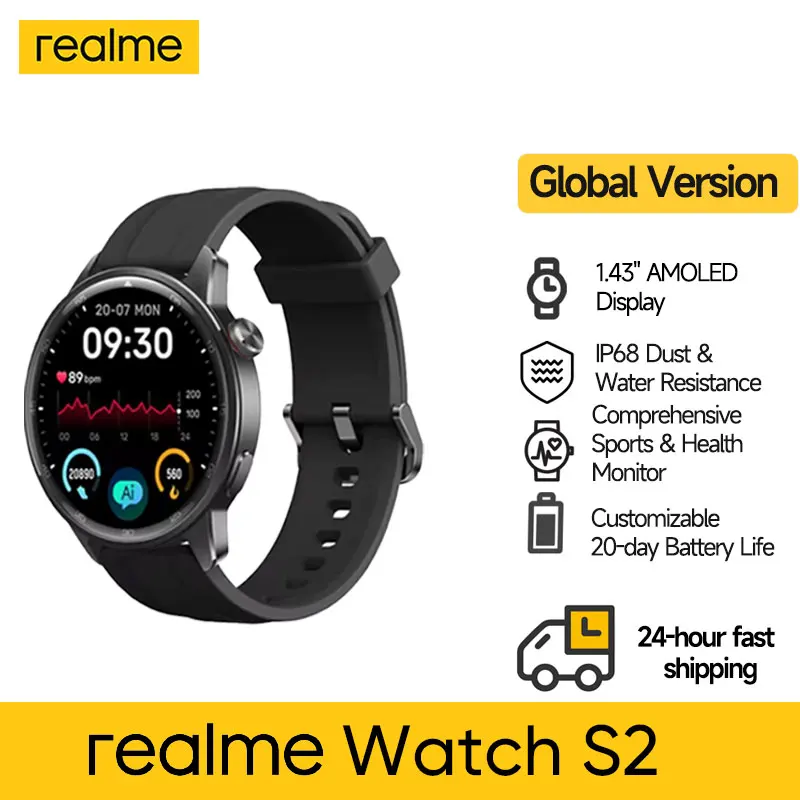 Global Version realme Watch S2 Smart Watch 1.43'' AMOLED Display 20-Days Battery Life Spuer AI Engine IP68 Waterproof Smartwatch