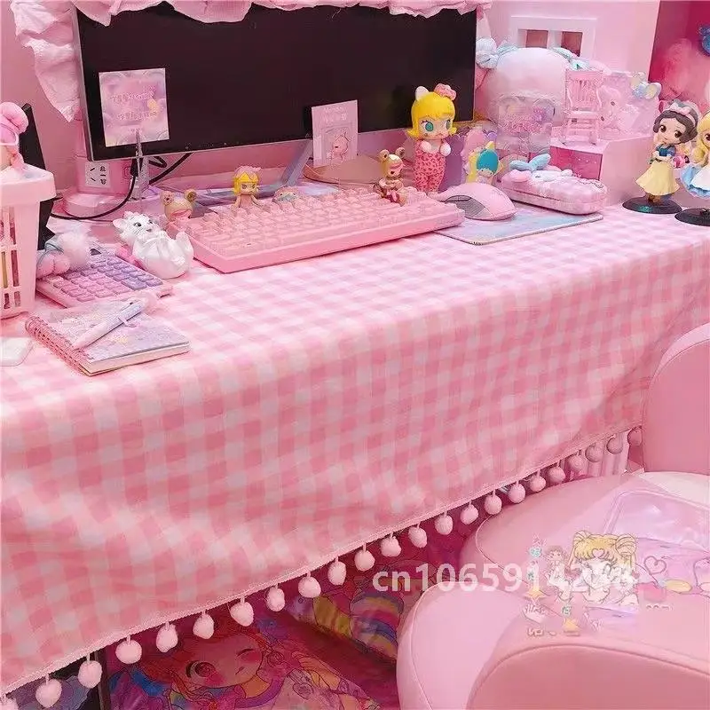 

2023 Girls Hot Pink Tablecloth Ins Cute Plaid Desk Cloth Dormitory Computer Wallpaper Mat New Kawaii Room Decoration Table Cover