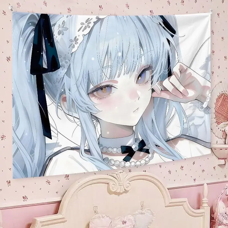 VIKAMA Cute Anime Maiden Makaron Tapestry, Soft Cartoon Wall Hanging, Pastel Aesthetic Decor for Bedroom Dormitory Home
