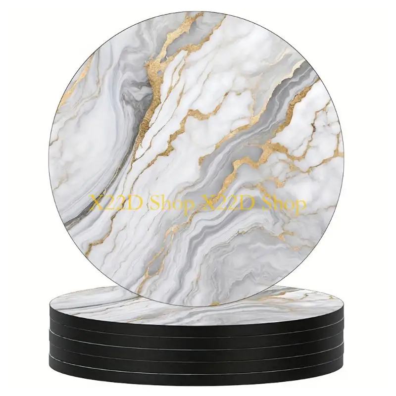 X22D Marble Look Absorbent Cup Mats, Round Cup Pad Set for Dining Tables, Office Desk Use, Bar Counter, and Daily Cup Use