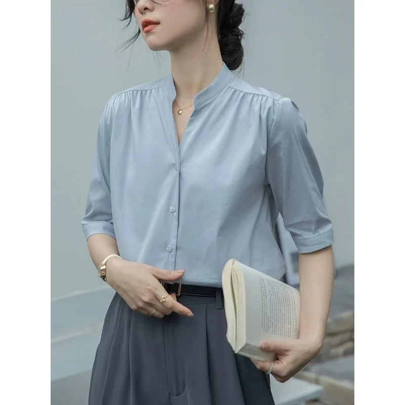 V-Neck Minimalist Solid Color Summer New 2024 Short Sleeve Top Office Lady Temperament Elegant Button All-match Female Shirt