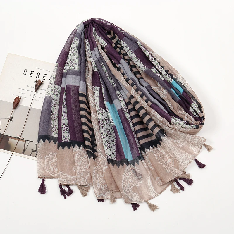 

Cashew Color Printing Viscose Scarf Tassels Square Shawl Muslim Ladies Polyester Patchwork Design Soft Top Selling New Style