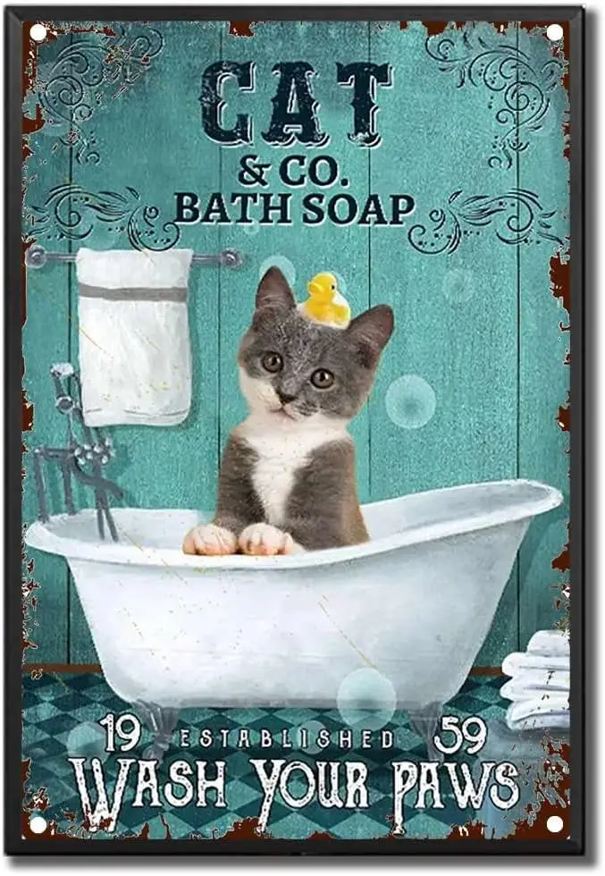 Tin Sign Cat and Co Bath Soap Vintage Funny Cat Wash Your Paw Funny Restroom Wall Decor Cat Bathroom Vintage Style Metal Tin Sig