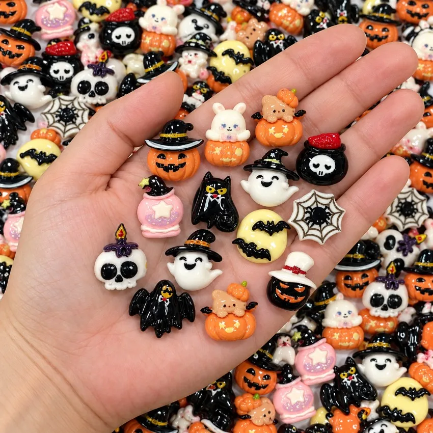 20-50pcs Resin Mini Cartoon Halloween Decor Ghosts Skeletons Pumpkins Flat Back DIY Jewelry Craft Decoration Accessorie Nail Art