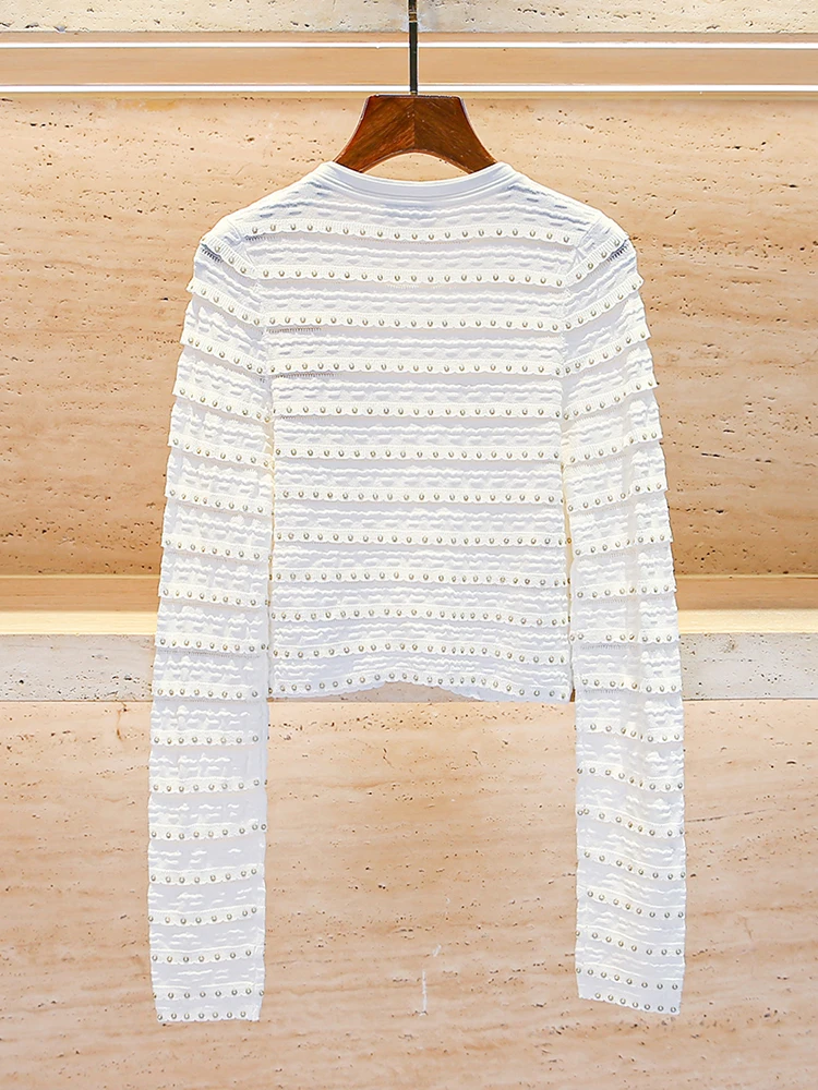 S Home Nan You High End Women's Spring New Small Fragrance Style Knitted Cardigan Jacket Pearl Embellished Soft Long Sleeve