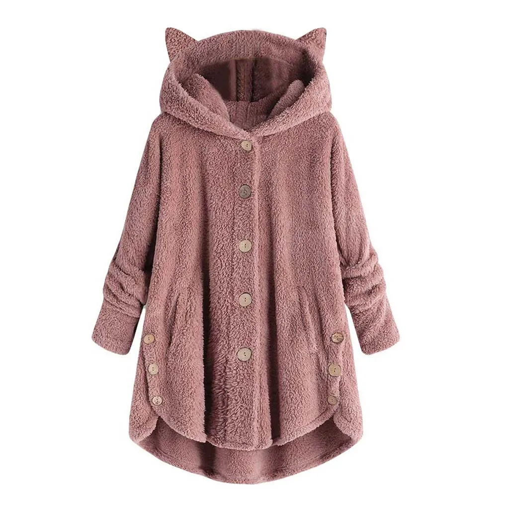 Damesjas Winter Plus Fluwelen Sport Winter Schattige Katten Oren Met Capuchon Onregelmatige Zoom Knopen Fleece Jas Kerst Outwear Jassen