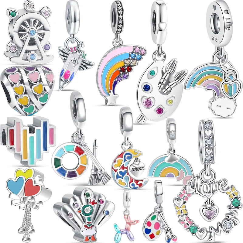 

925 Silver Colorful Rainbow Brushes Crayons Palettes Love Pendant DIY Bead Fit Original Pandora Charm Bracelet DIY Women Jewelry