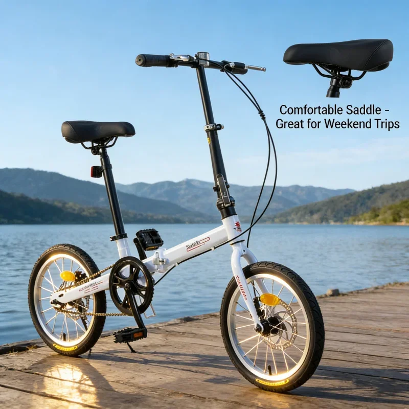 

Adult 16-inch Folding Bike White Disc Brake Portable Ultra-Light Single-Speed Folding Bike by Three River Horses