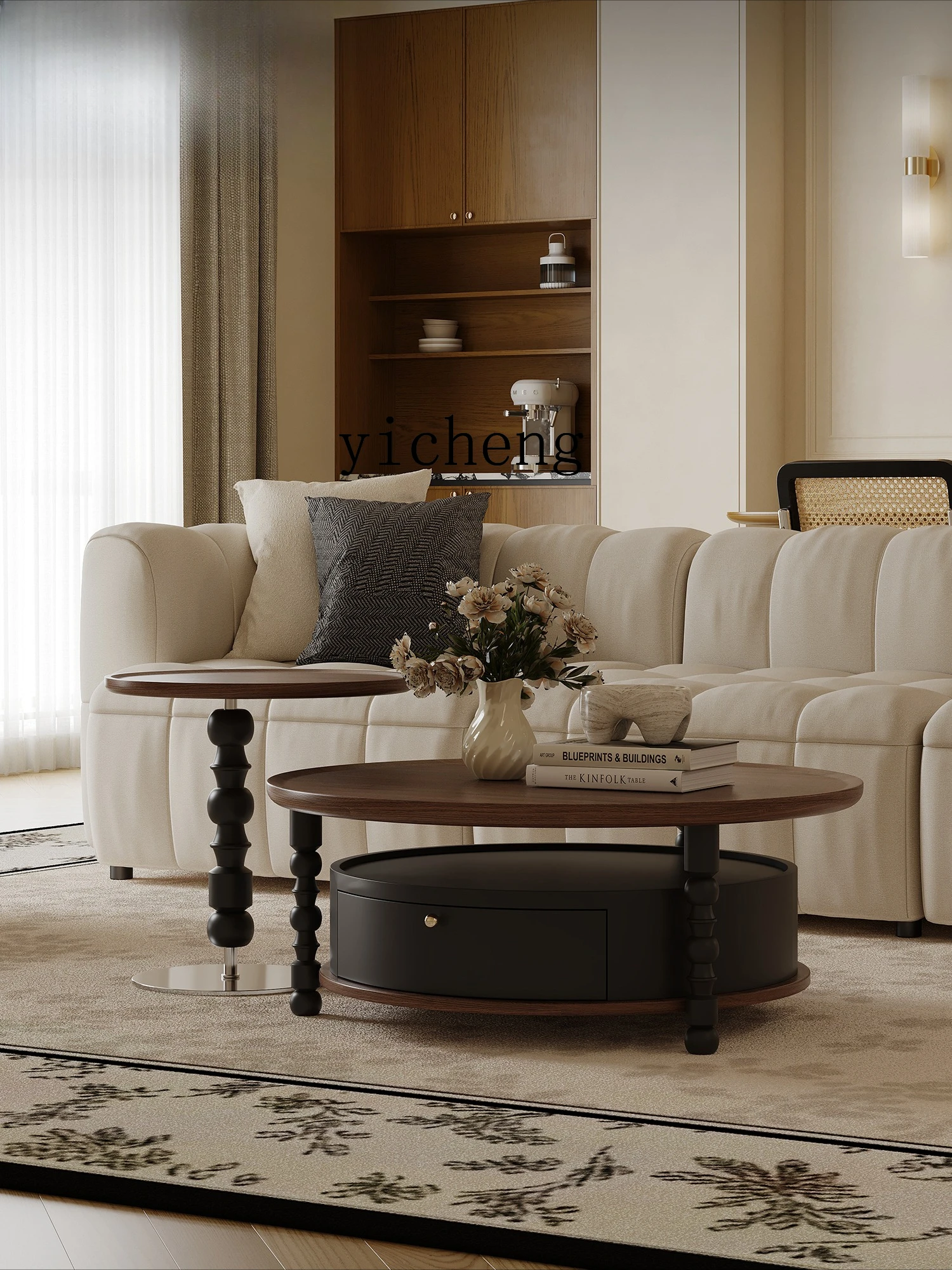

LSL round black walnut coffee table living room home high-end coffee table combination