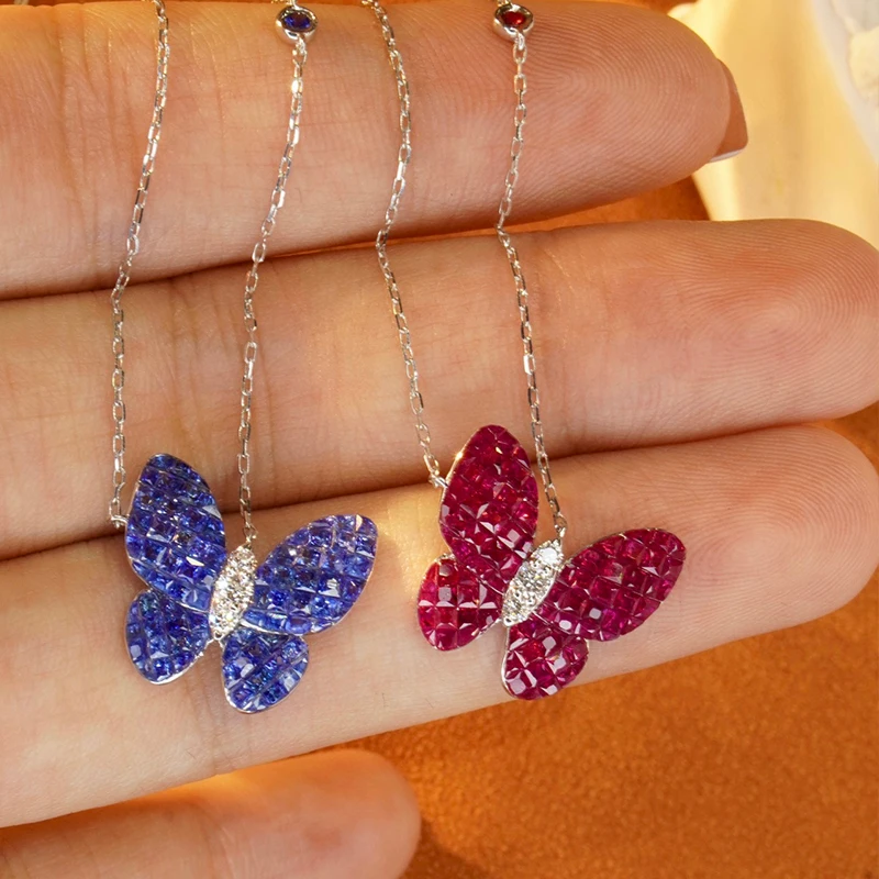 Aazuo Luxurydesign 18K White Gold Natural Ruby Blue Sapphire Buterfly Pendent With Chain Necklace gifted for Women Au750 18 Inch - view 3