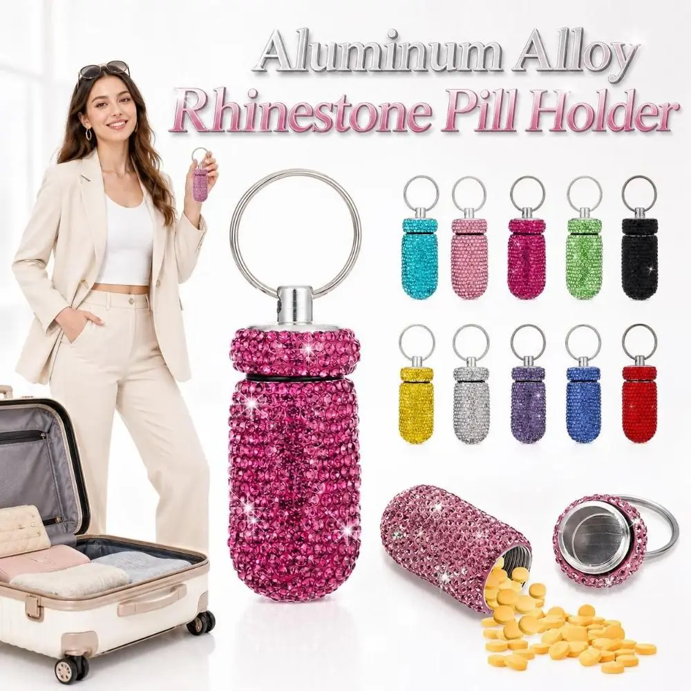 Aluminum Alloy Rhinestone Pill Holder Waterproof Mini Keychain Pill Container Durable Sealed Portable Pill Case Outdoor Travel