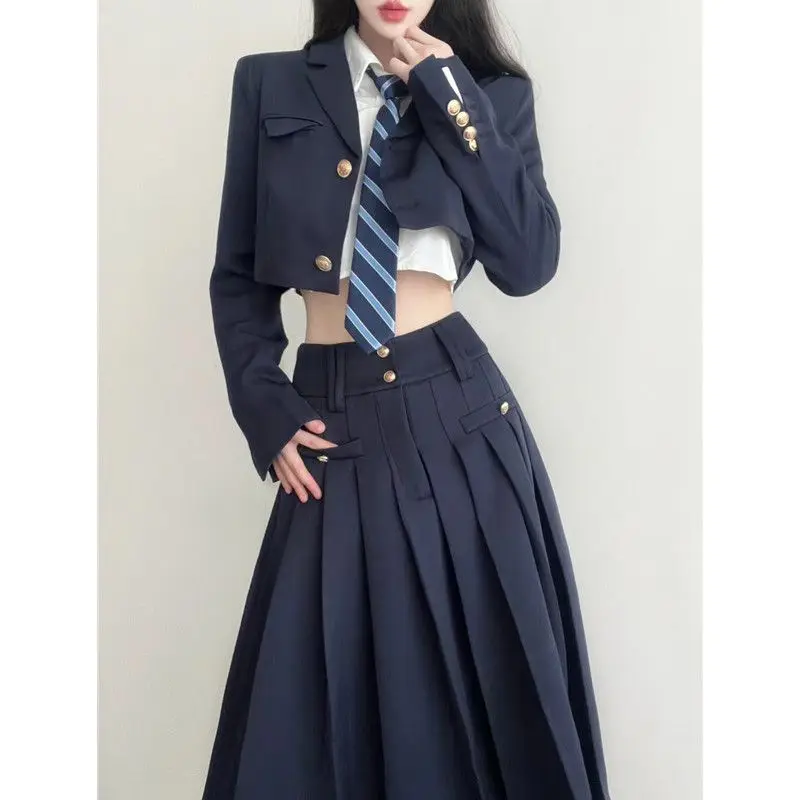 MAGOGO Sweet Cool Hot Girl College Style JK Dress Set Women Autumn Winter Short Jacket Shirt with High Waist Slim Pleated Dress