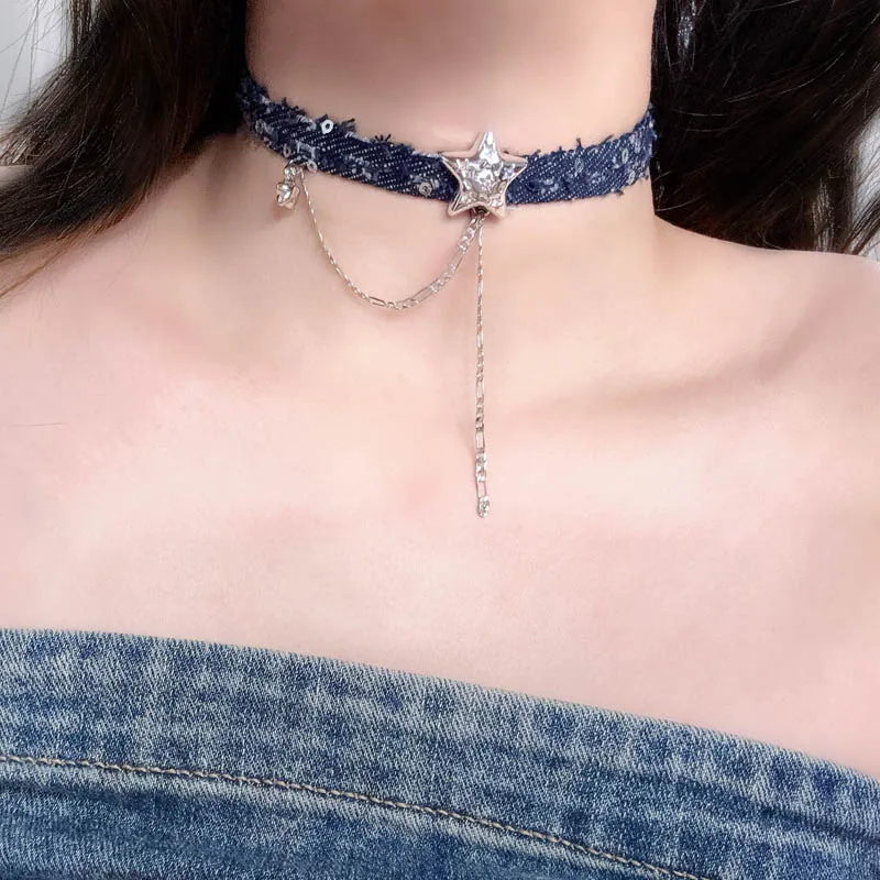 Jeans Band Choker for Women Fashion Cross Star Heart Tassel Necklace Clavicle Lady Jewelry Accessories Girl Gift