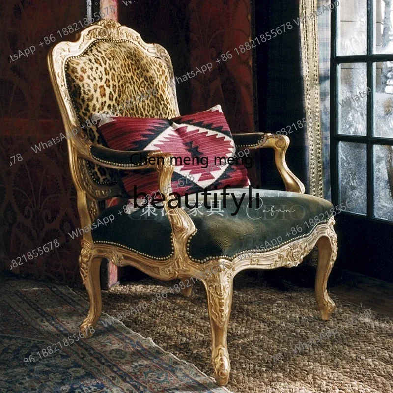 M178 Carved desk chair retro armchair French all solid wood leather tiger chair single sofa
