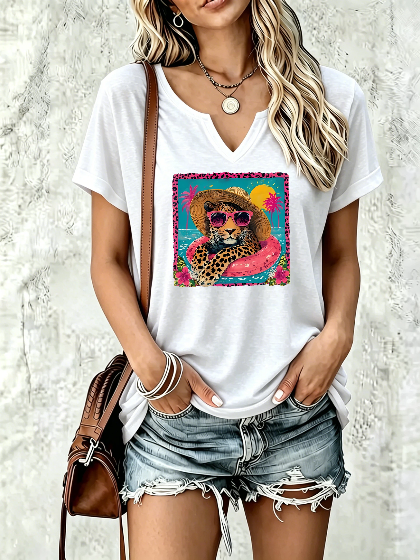 Women Summer V Neck T-shirt, Tropical Leopard Swimming Ring Graphic Print, Soft Casual Vacation Basic Tee for Ladies