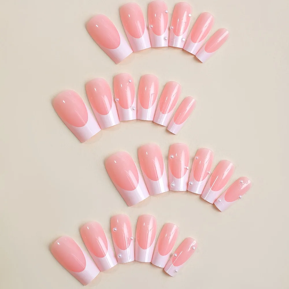 Unhas falsas francesas para meninas, cabeça quadrada, impermeável, cobertura completa, manicure wearable, pontas das unhas, pressione nas unhas