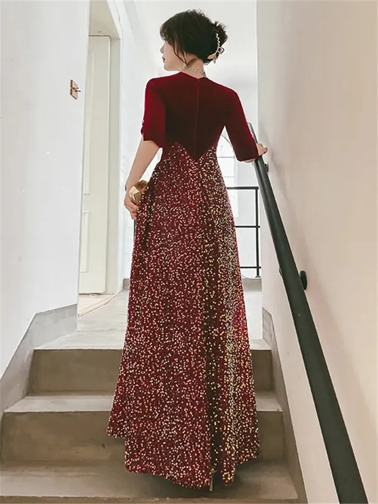 Wine Red Dress Women's Summer New Splicing Sequin V-neck Five-point Sleeve Long A-line Skirt Temperament Female Clothing M175