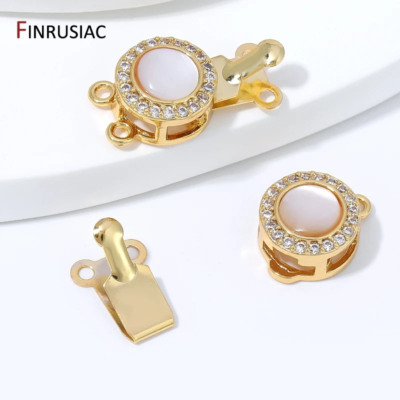 18K Gold Plated Brass Round White Opal Stone Box Clasp,2 Holes Zircon Insert Clasp for DIY Pearl Necklace Bracelet Supplies