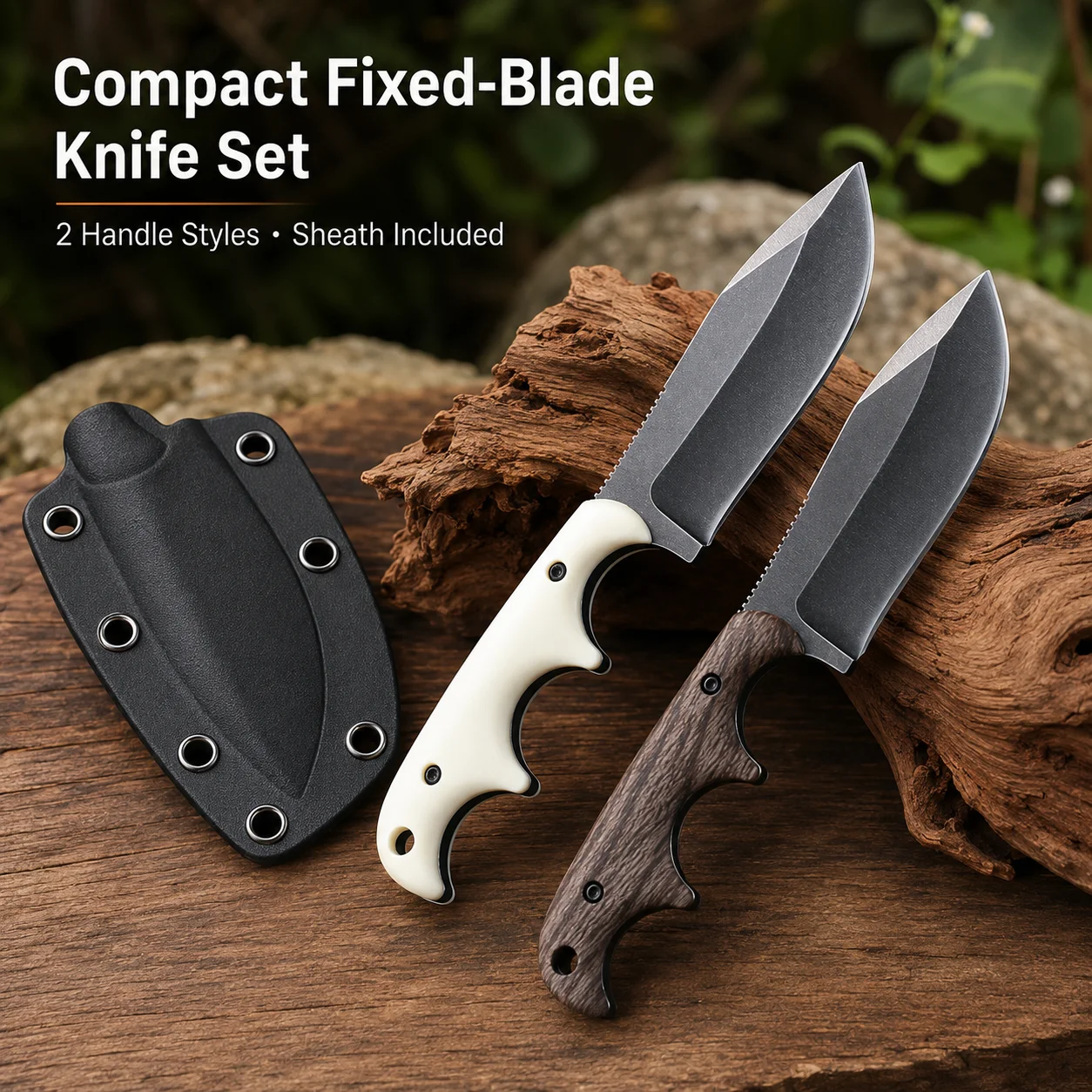 New Outdoor Small Straight Knife Stone Washed Blade Camping Edc Survival Knife White/wood Grain Handle + K Sheath Tool.