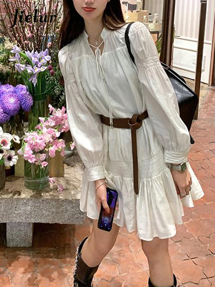 Jielur Retro Belt Dress Women Korean Two Piece Set Chiffon Dress Elegant Vintage Kawaii Midi Dress Fashion Short V Neck Tank Top