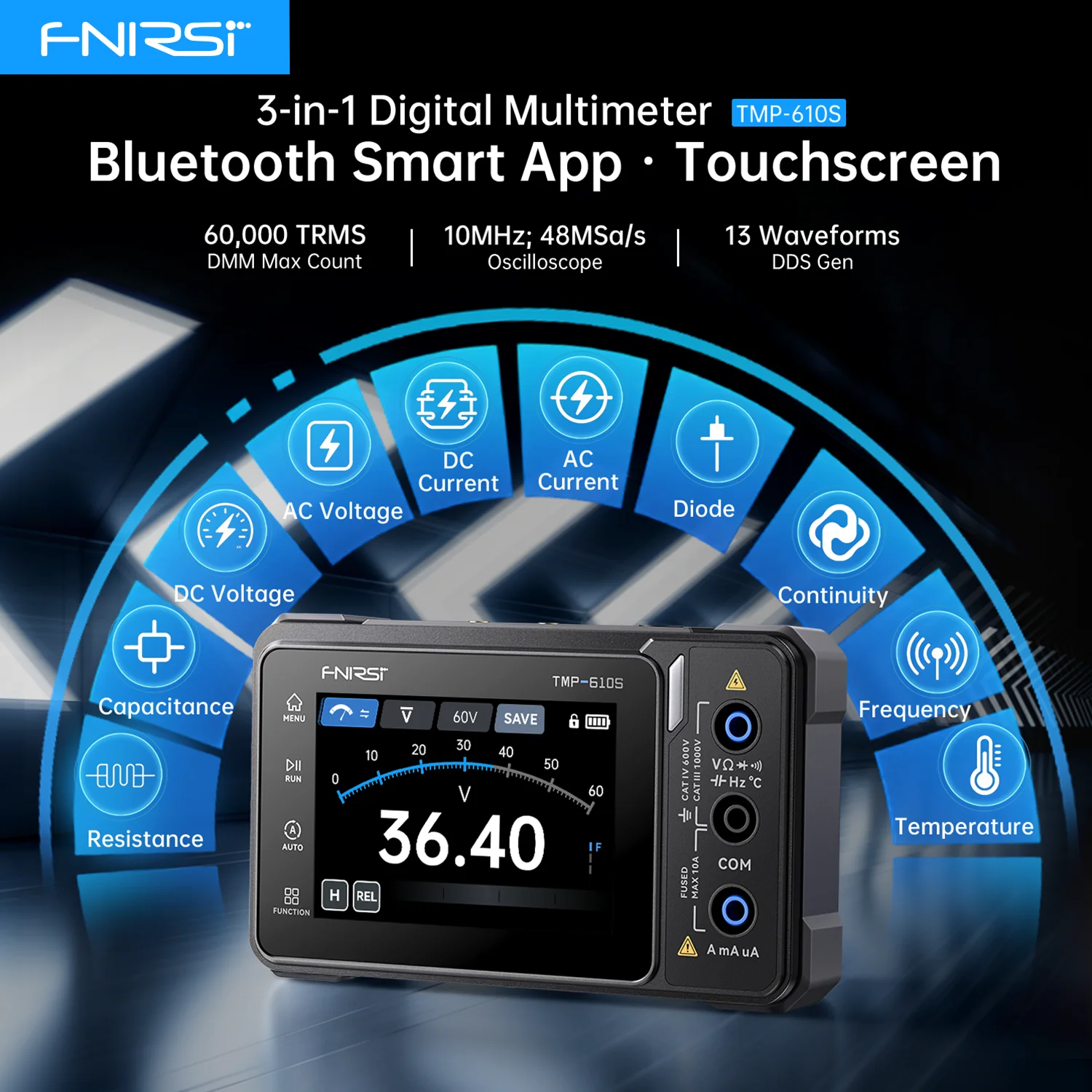 FNIRSI TMP-600 TMP-610S 3-in-1 Oscilloscope Multimeter Signal Generator True RMS 60000 Counts Automotive Diagnostic Tool  BT APP