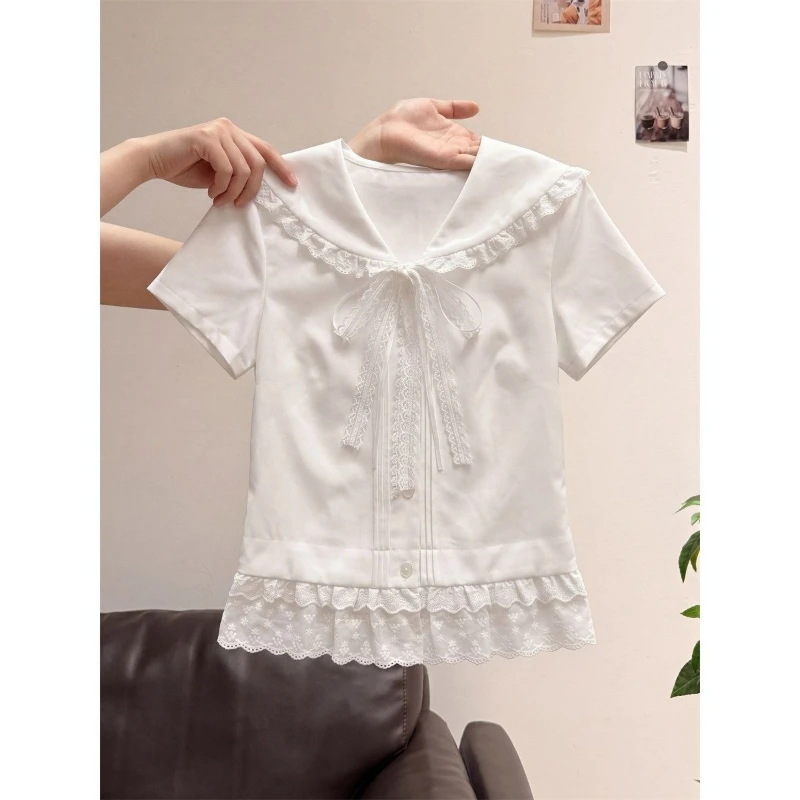 French Vintage Short Sleeve Solid Blouse Women Elegant Bow Patchwork Bodycon Y2k Lolita Sweet Shirt Button Japanese 2026