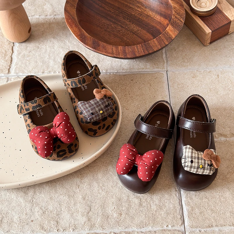 Girls Mary Jane Flats Toddler Little Kids Fabric Bow Hook‑Loop Soft Non‑Slip Sole Vintage Casual Daily Dress Footwear