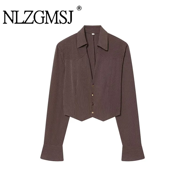 

Nlzgmsj 2026 винтажные рубашки в полоску с тонкой талией, элегантные блузки с v-образным вырезом и длинными рукавами, модные уличные топы на пуговицах Y2K