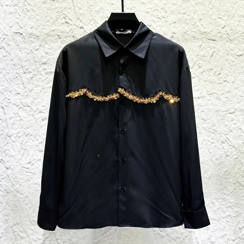 High Quality Sequined Rhinestone Decorated Shirt Men's Long Sleeve Casual Shirts Trend Banquet Party Stage Performance Costumes