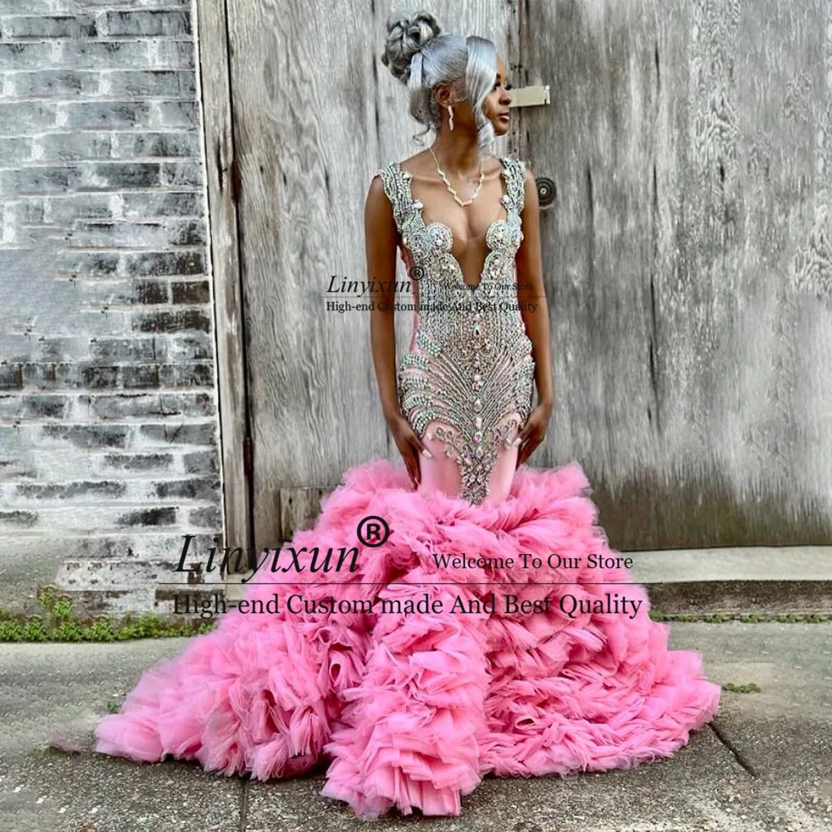 Luxe diamanten galajurk voor zwarte meisjes mouwloos sprankelend kristal ruche zeemeermin kralen avondjurk 2025, op maat