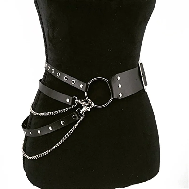 

Fashion Women Gothic Punk Waist Belt Chain Metal Circle Ring Design Silver Pin Buckle Leather Black Waistband Jeans Waist Belts