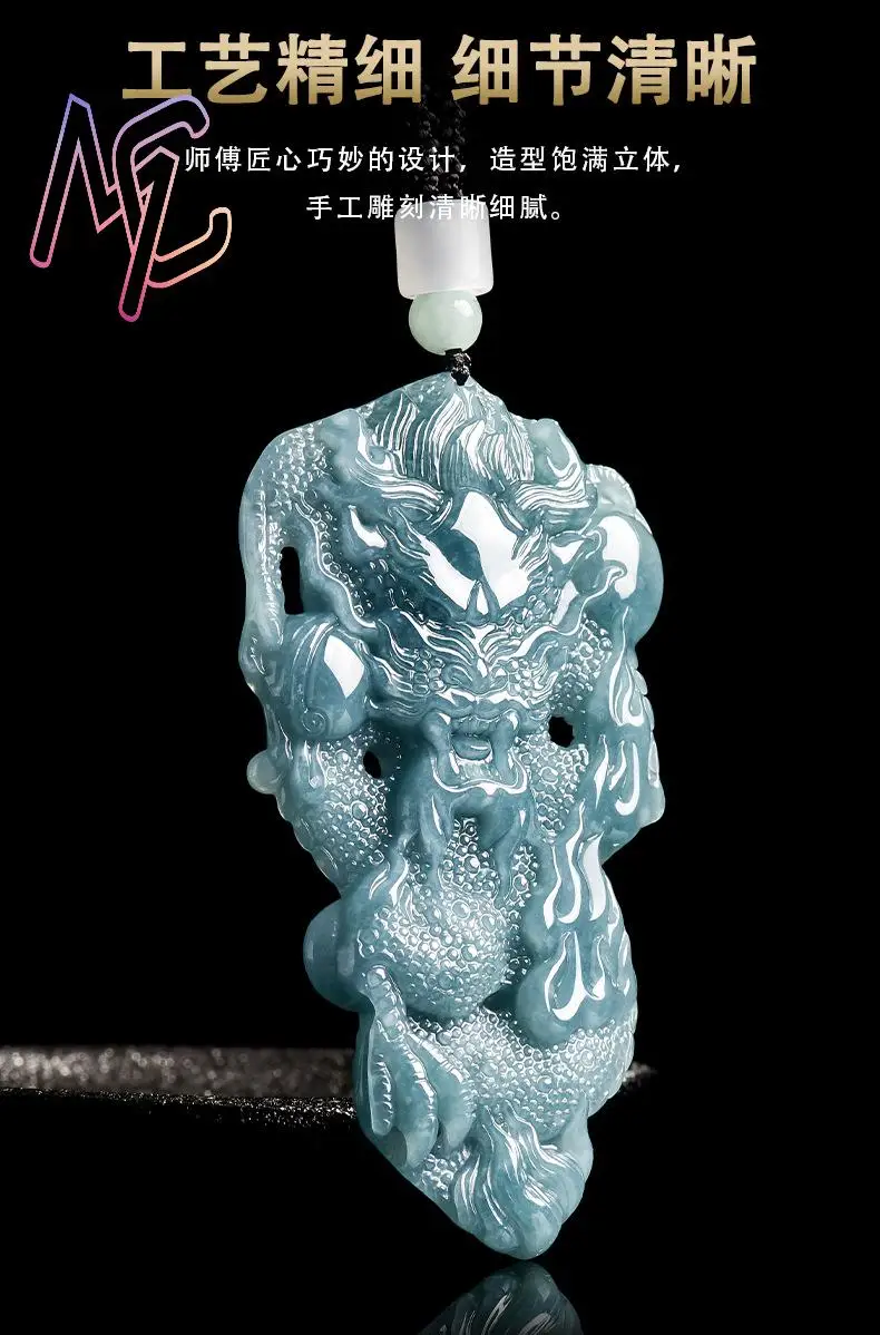 Myanmar Jadeite Dragon Pendant Necklace Stone Carved Amulet Fashion Accessories Talismans Vintage Burmese Jade Designer view 5