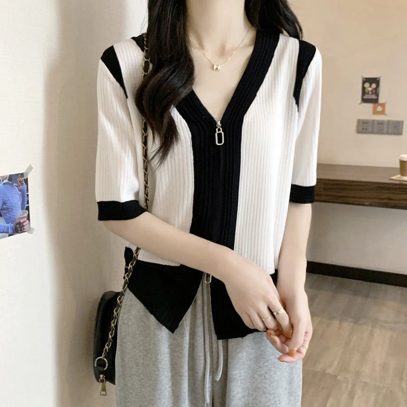 Summer New Korean Fashion Simple Patchwork Zipper Tees Ladies Short Sleeve Casual Cardigan Top Women Streetwear All-match T-shir