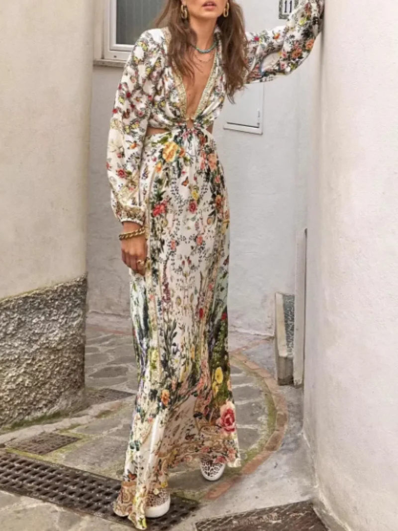 

Women Waist Hollow Out Robe Beaded Flower Printed V-Neck Long Sleeve Holiday Summer 2024 100% Silk Maxi Dress