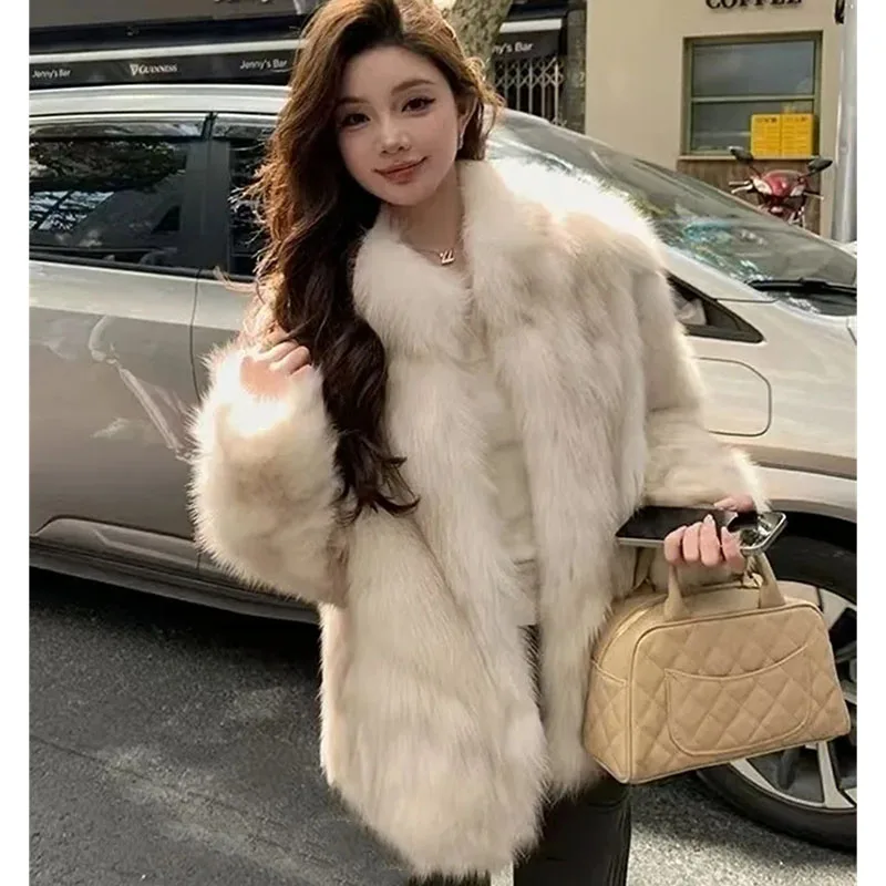 

2025 женская меховая куртка с длинными рукавами для отдыха, корейская женская модная верхняя одежда из искусственного меха, осенне-зимнее женское плюшевое пальто с воротником-стойкой