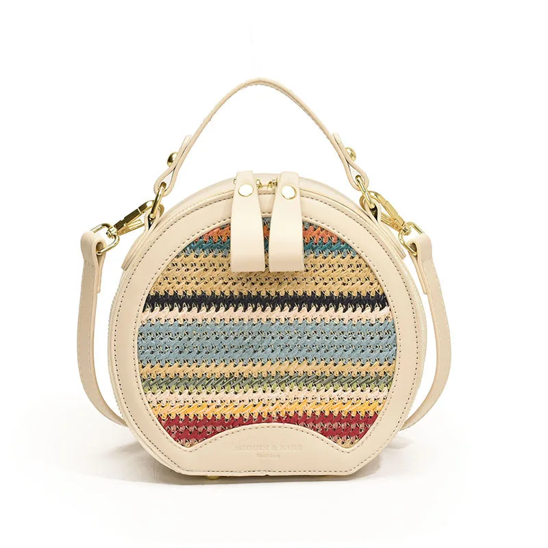 

Contrasting Color Woven Handbag Women Leisure For Vacation New Fashionable Small Round Bag, Simple Single Shoulder Crossbody Bag