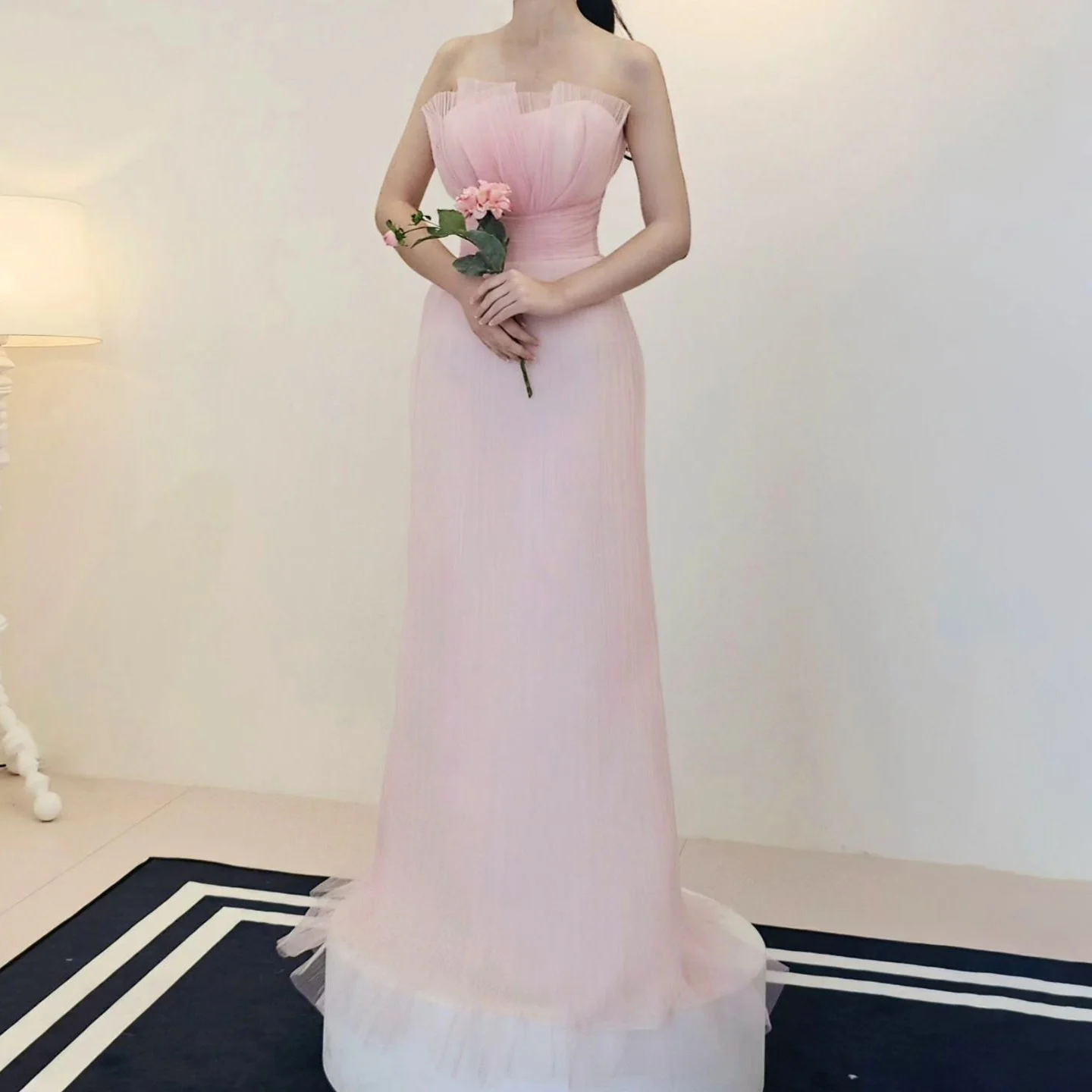 OEING Strapless Luxury Garden Evening Dresses Pink Tulle Sleeveless Formal Birthday Floor Length Elegant Prom Gowns Party Women