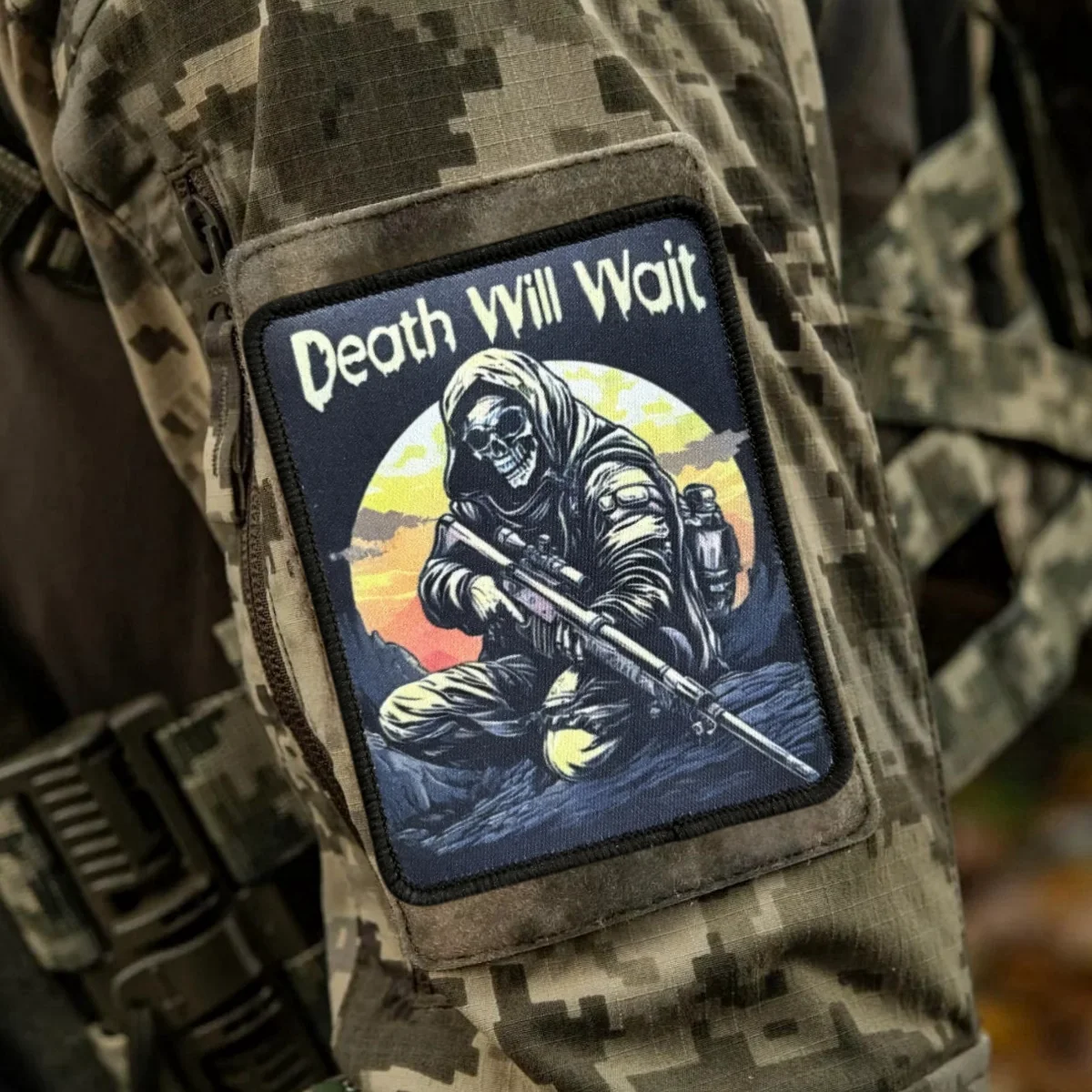 Patch tático do soldado do crânio, Morte militar vai esperar ceifador, Emblema de moral impresso, Emblema de gancho e laço, Mochila Braçadeira Adesivos