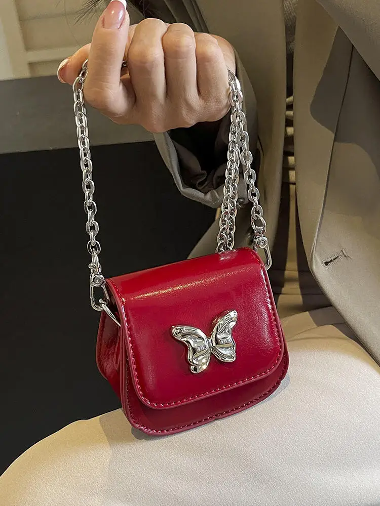 Silver Butterfly Decor Mini Bag For Women 2024 New Fashion Chain Crossbody Bag Mouth Red Envelope Single Shoulder Small Bag