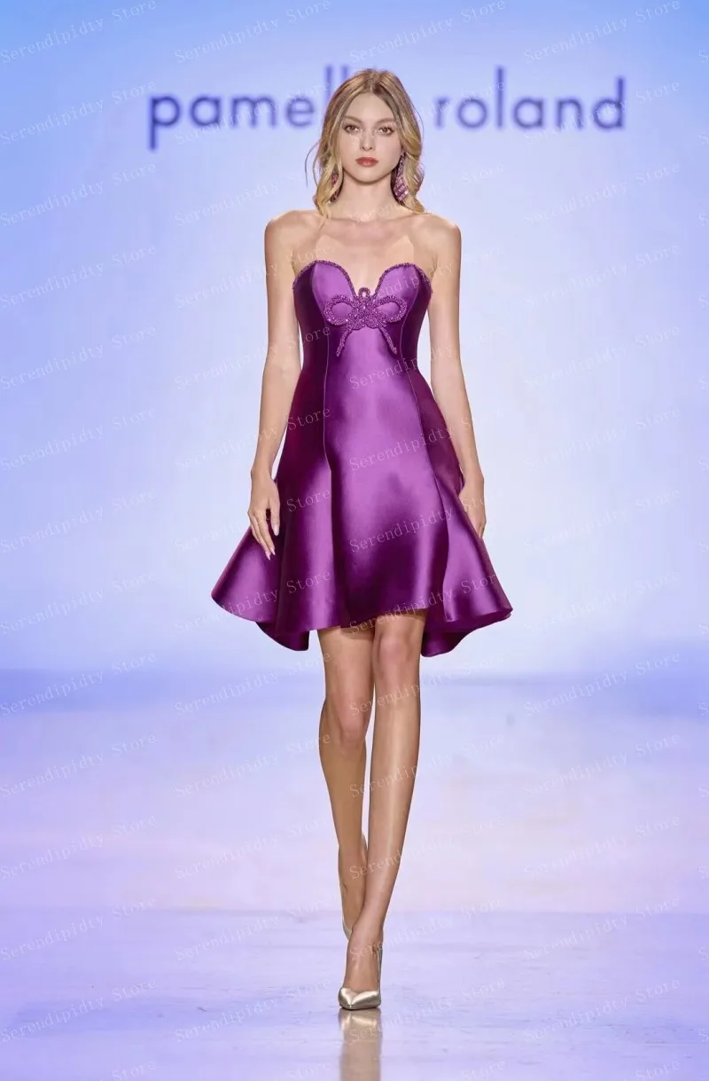 Sweetheart Sequins Purple Smooth Satin A-line Mini Length Party Dress Irregular 2024 New Fashion Cocktail Dresses Dainty