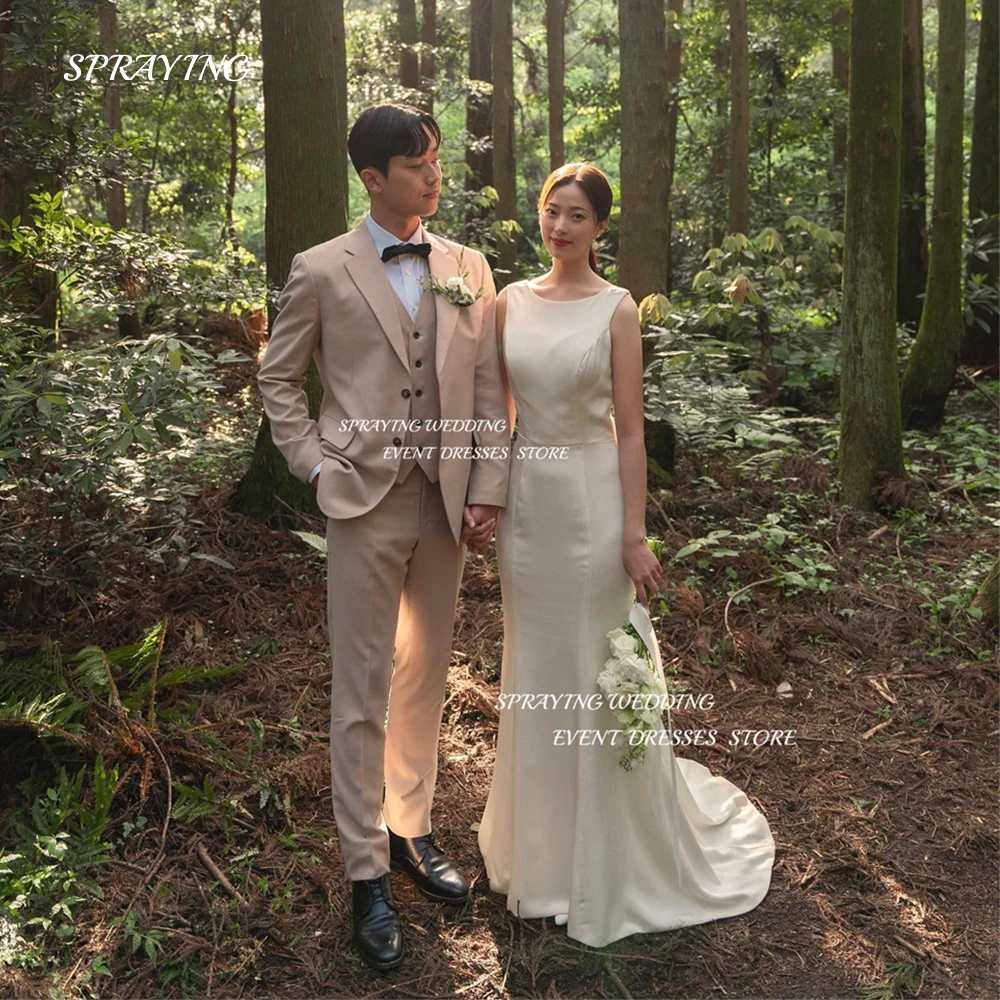 

SPRAYING Simple Mermaid Wedding Dress Korea Photo Shoot Soft Satin Floor Length Bridal Gown Sleeveless 웨딩드레스 Custom Made