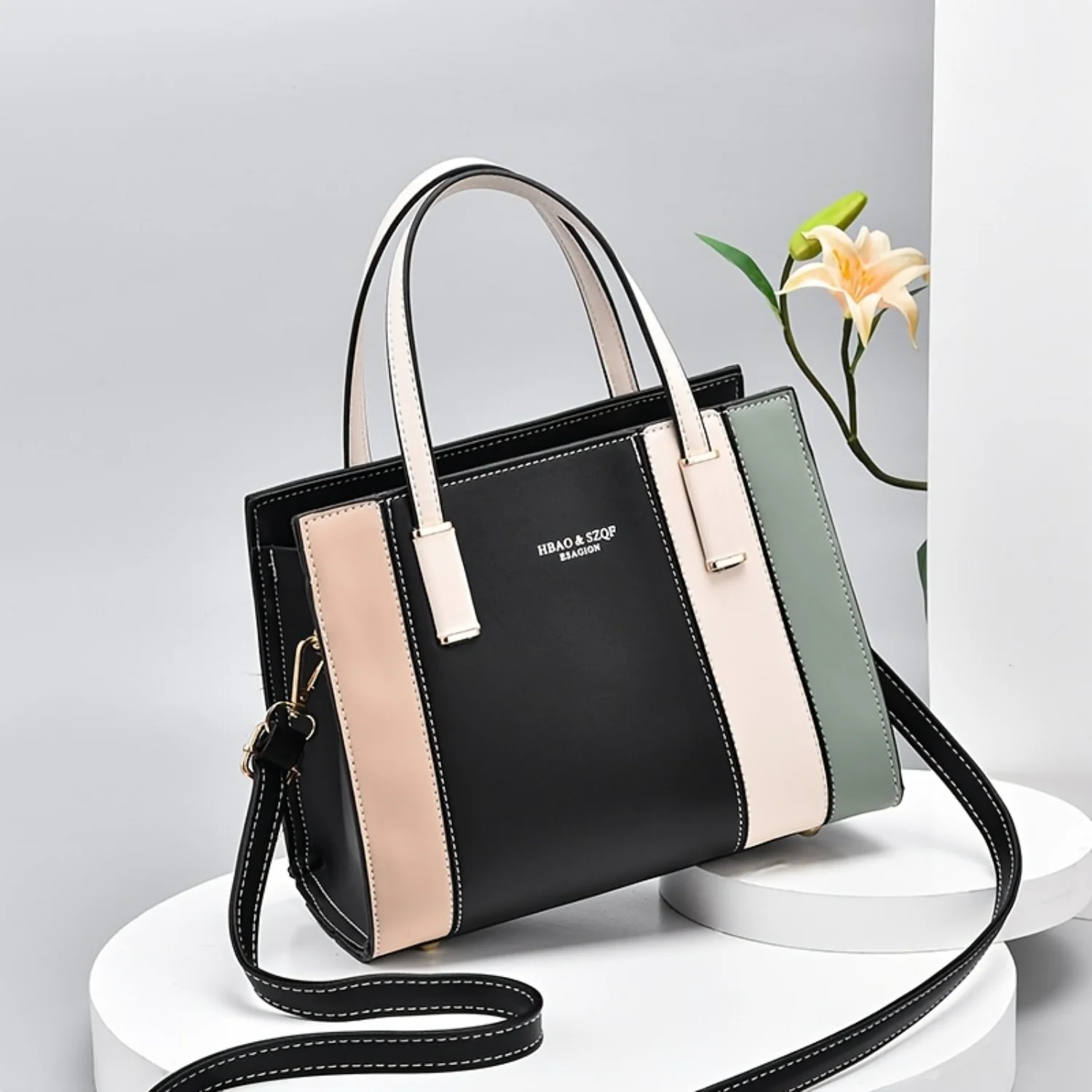 Chic Color-Block Striped Tote  Elegant, Versatile & Secure Zip Handbag - Ideal for Work & Day-to-Day Style