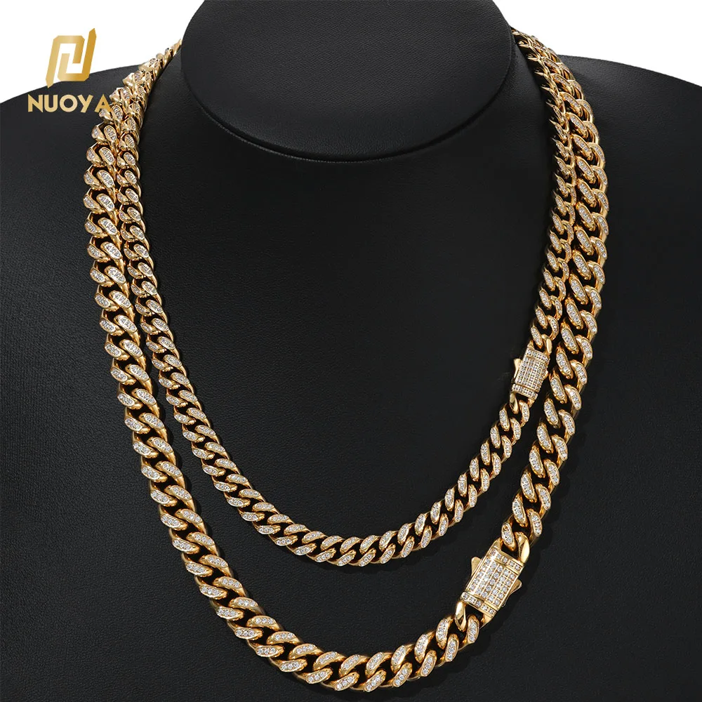 10mm NUOYA VVS Moissanite Cuban Link Chain Necklace 18K Gold Plated Stainless Steel Iced Out Hip Hop Necklace for Men.
