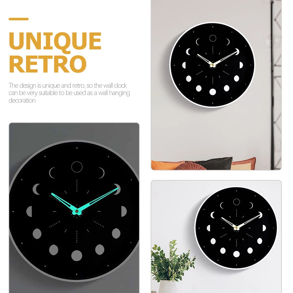 

Silent Luminous Moon Phase Wall Clock Wooden Round Non Ticking Large Clock for Bedroom Living Room Office Decor