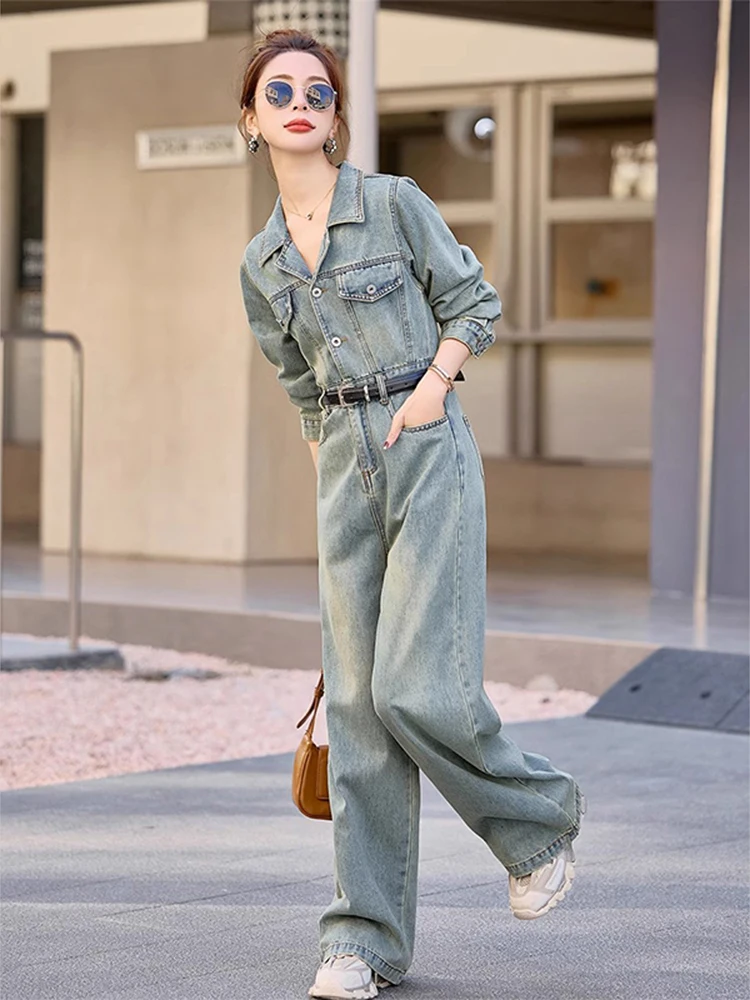 American Style Fashionable Simple Denim Jumpsuit Autumn Women Long Sleeve Single-breasted Straight Overall Female Streetwear