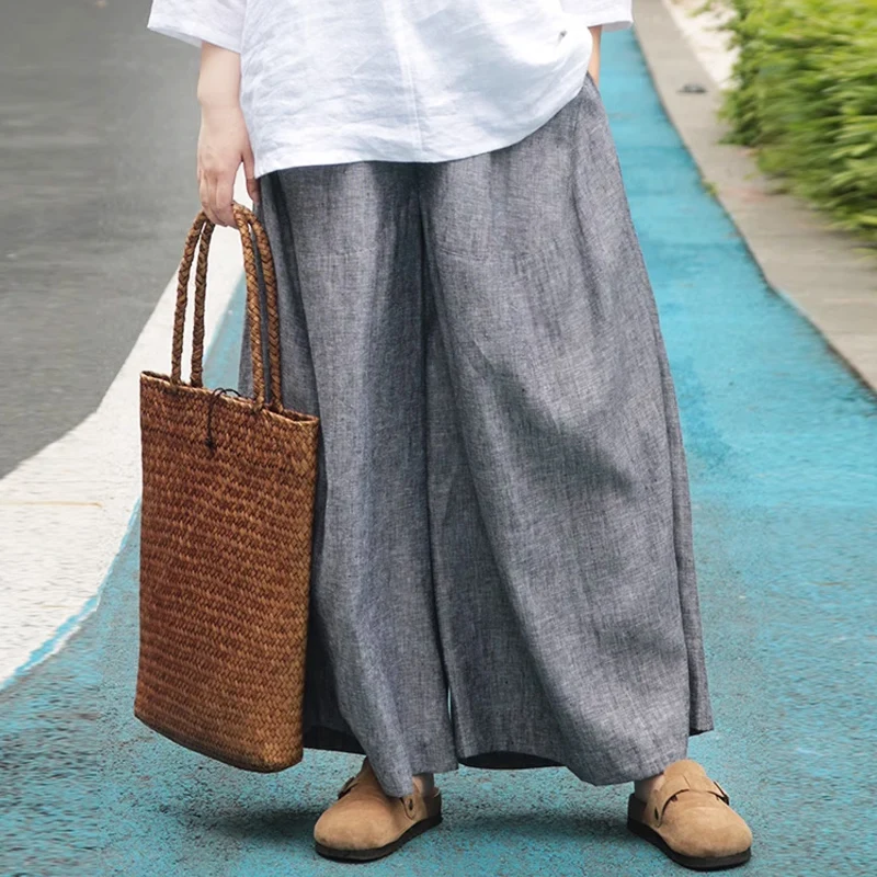 

2024 Culotte Spring Summer Female large Plus size 5XL 6XL Casual Gray 100% Linen Wide Pants Big pocket / Trousers for Womens