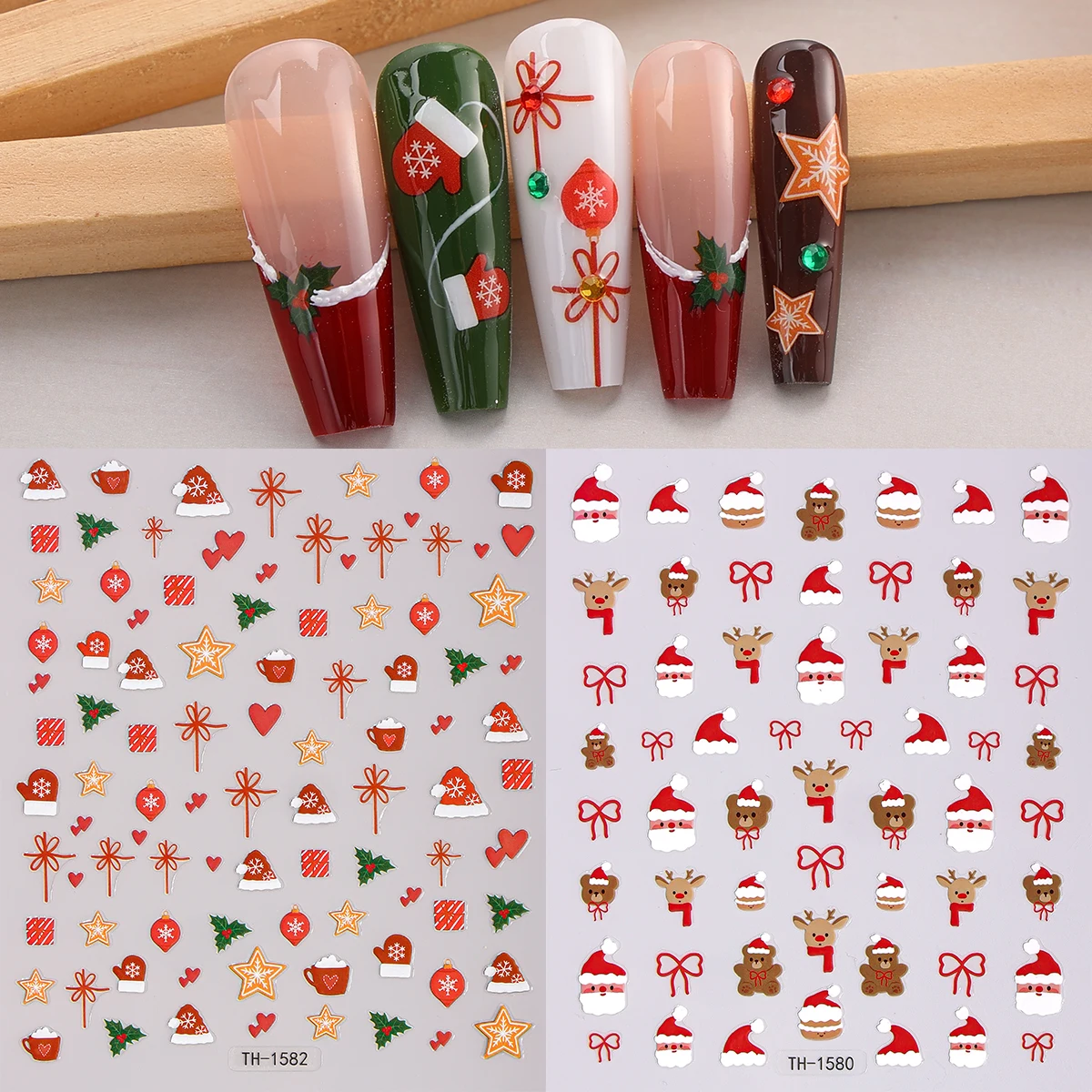 

2pcs Christmas Nail Art Sticker 3D Cartoon Santa Claus Bear Elk Bow Star Self-Adhesive Nail Decals for DIY Manicure Decoration